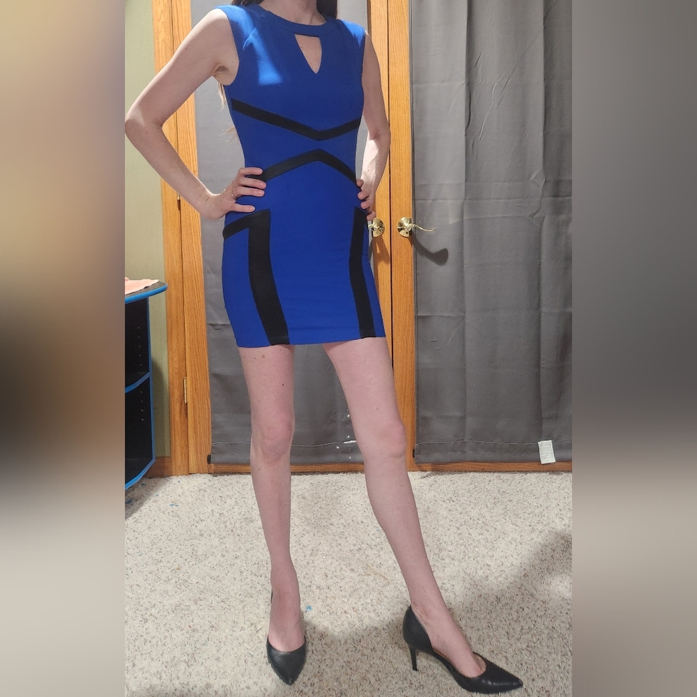 Guess Blue & Black Mini Cocktail Dress with Keyhole Neckline